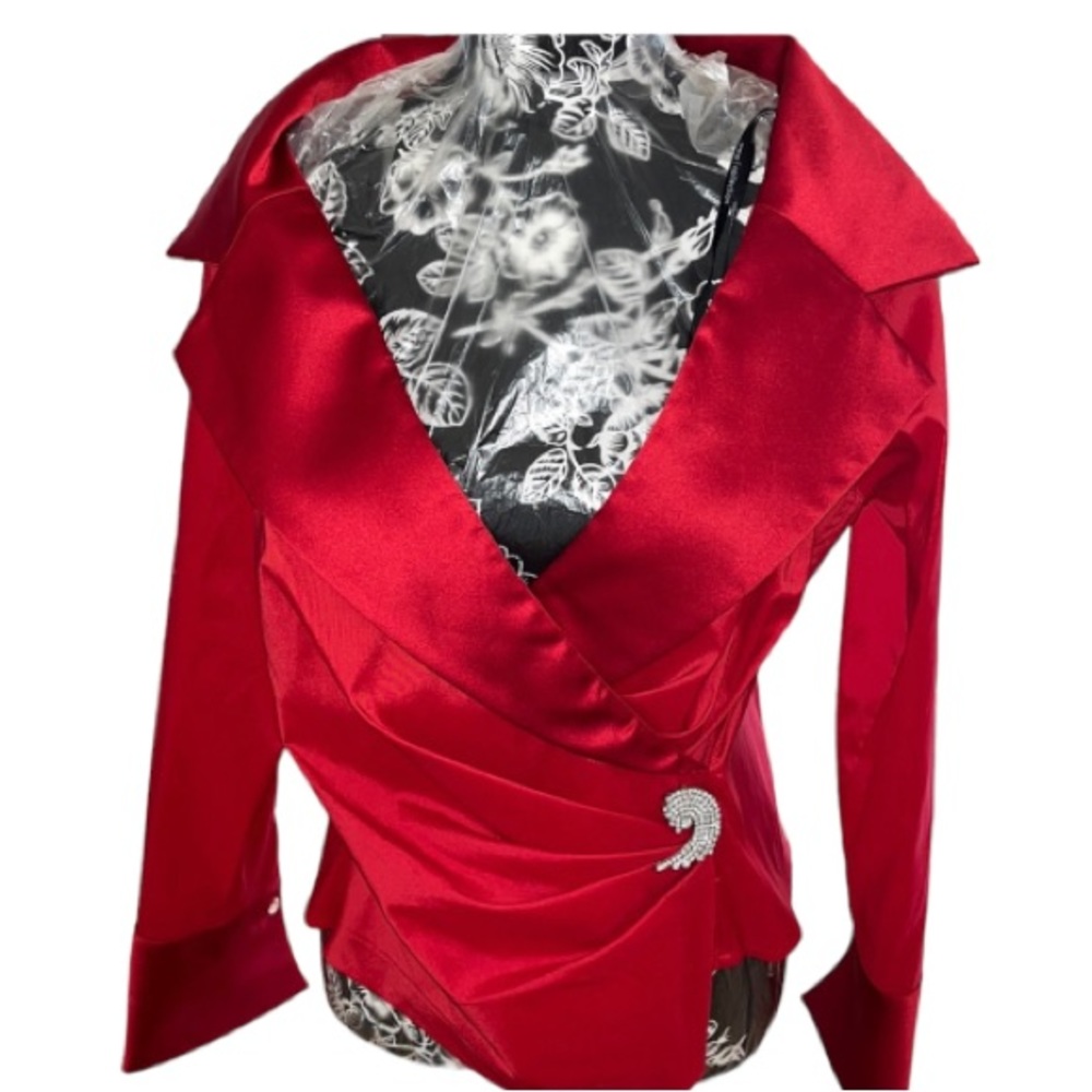 Alex Evening size 14 Red faux wrap top French cuffs Rhinestone detail